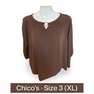 Chico’s Brown Ring-Neck Split Sleeve Blouse | Size 3 (XL)